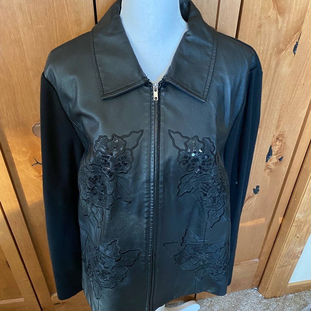 Peter Nygard Black Leather Embroidered Sequined Floral Sweater Jacket size 1X